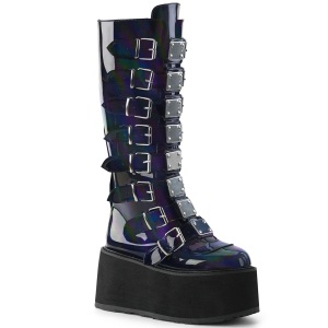 Hologramm 9 cm DAMNED-318 kniehohe plateaustiefel damen mit schnallen schwarz