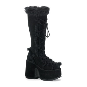 Kunstpelz blockabsatz goth 13 cm schwarze chunky plateaustiefel damen