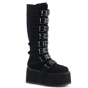 Samt 9 cm DAMNED-318 kniehohe plateaustiefel damen mit schnallen schwarz