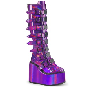 Wedge 14 cm S815 plateaustiefel damen mit schnallen hologramm lila