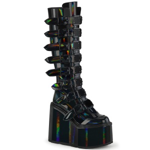 Wedge 14 cm S815 plateaustiefel damen mit schnallen hologramm schwarz