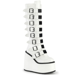 Wedge 14 cm S815 plateaustiefel damen mit schnallen weiss PU