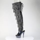 Black 15 cm pole dance exotic overknee boots rhinestone fringes