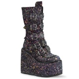 Glitter 14 cm SWING-G platform halbhohe stiefel damen mit schnallen schwarz