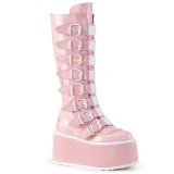 Hologramm 9 cm DAMNED-318 kniehohe plateaustiefel damen mit schnallen rosa