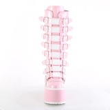 Hologramm 9 cm DAMNED-318 kniehohe plateaustiefel damen mit schnallen rosa