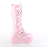 Hologramm 9 cm DAMNED-318 kniehohe plateaustiefel damen mit schnallen rosa