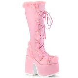 Kunstpelz blockabsatz goth 13 cm rosa chunky plateaustiefel damen