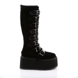 Samt 9 cm DAMNED-318 kniehohe plateaustiefel damen mit schnallen schwarz