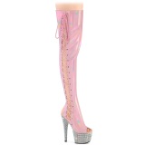 Strass 18 cm open toe rosa overknee stiefel mit schnürung high heels