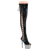 Strass 18 cm open toe schwarze overknee stiefel mit schnürung high heels