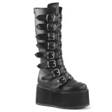 Vegan 9 cm DAMNED-318 kniehohe plateaustiefel damen mit schnallen schwarz