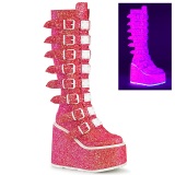 Wedge 14 cm S815 plateaustiefel damen mit schnallen neon rosa