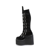 Wedge 14 cm S815 plateaustiefel damen mit schnallen samt schwarz