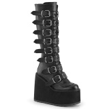 Wedge 14 cm S815 plateaustiefel damen mit schnallen schwarz PU