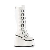 Wedge 14 cm S815 plateaustiefel damen mit schnallen weiss PU